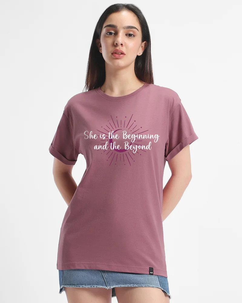 بيواكوف Women's Purple Beginning and Beyond Graphic Printed Boyfriend T-shirt